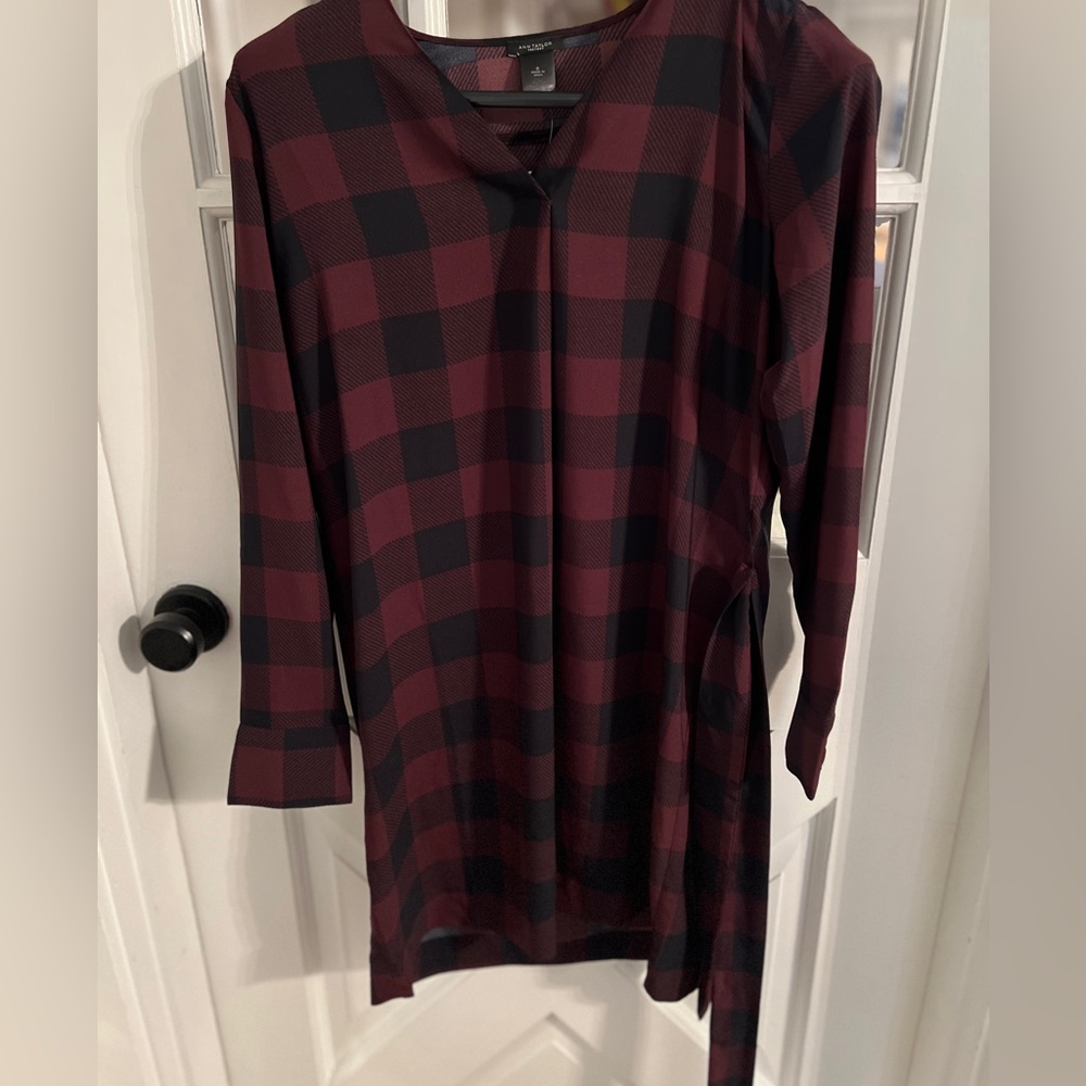 Ann Taylor Factory Burgundy & Black Buffalo Plaid Shift Shirt Tunic Top Size M
